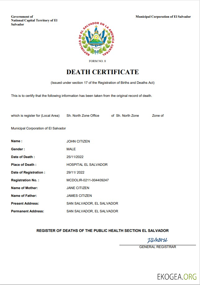 Modèle Word et PDF de certificat de décès de l'état civil du Salvador